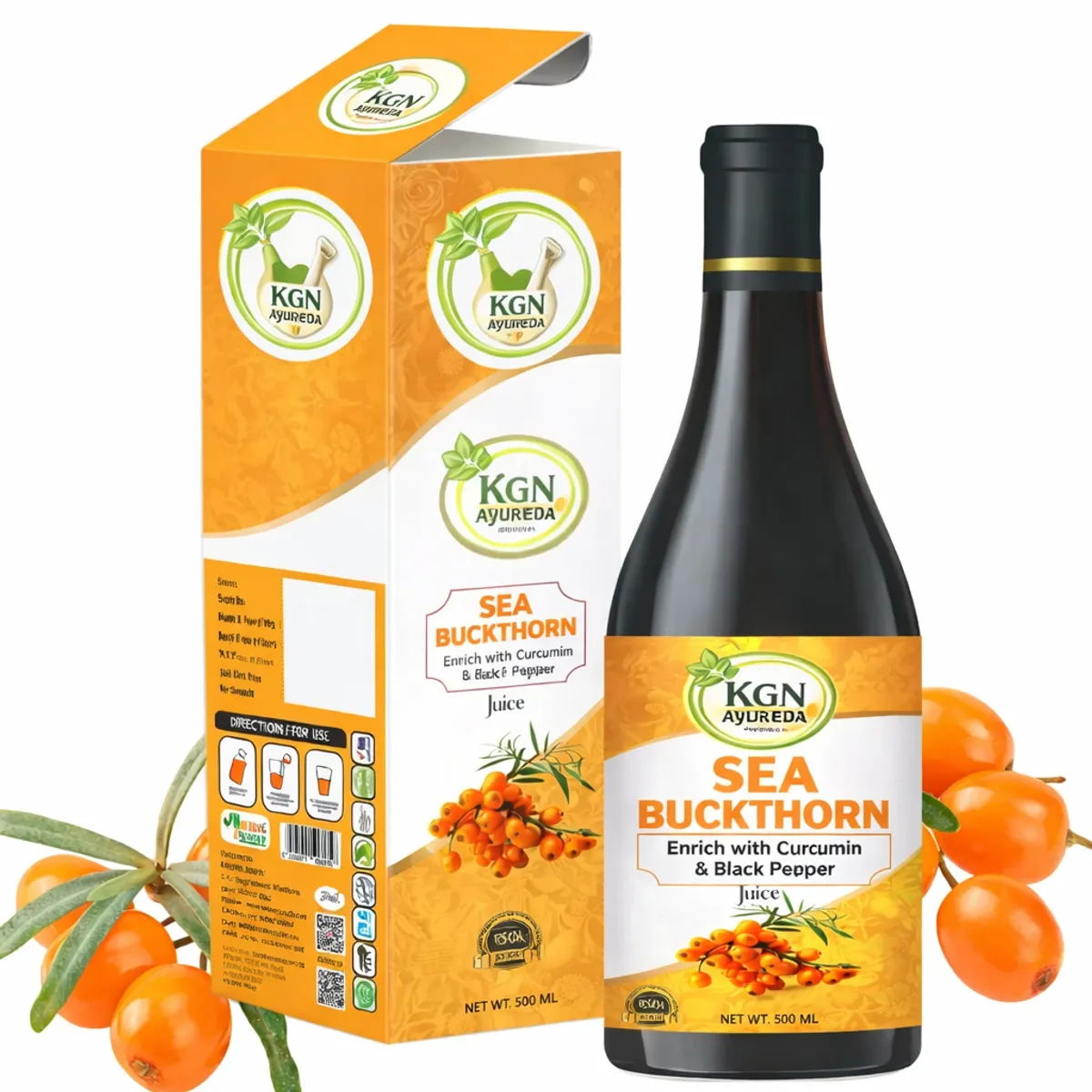 Himalayan Sea Buckthorn Berry Juice | 500ml | Vitamin C & Omega 3, 6, 7, 9 | Curcumin, Ashwagandha, Giloy | Antioxidant, Skin Glow, Gut & Daily Wellness Support